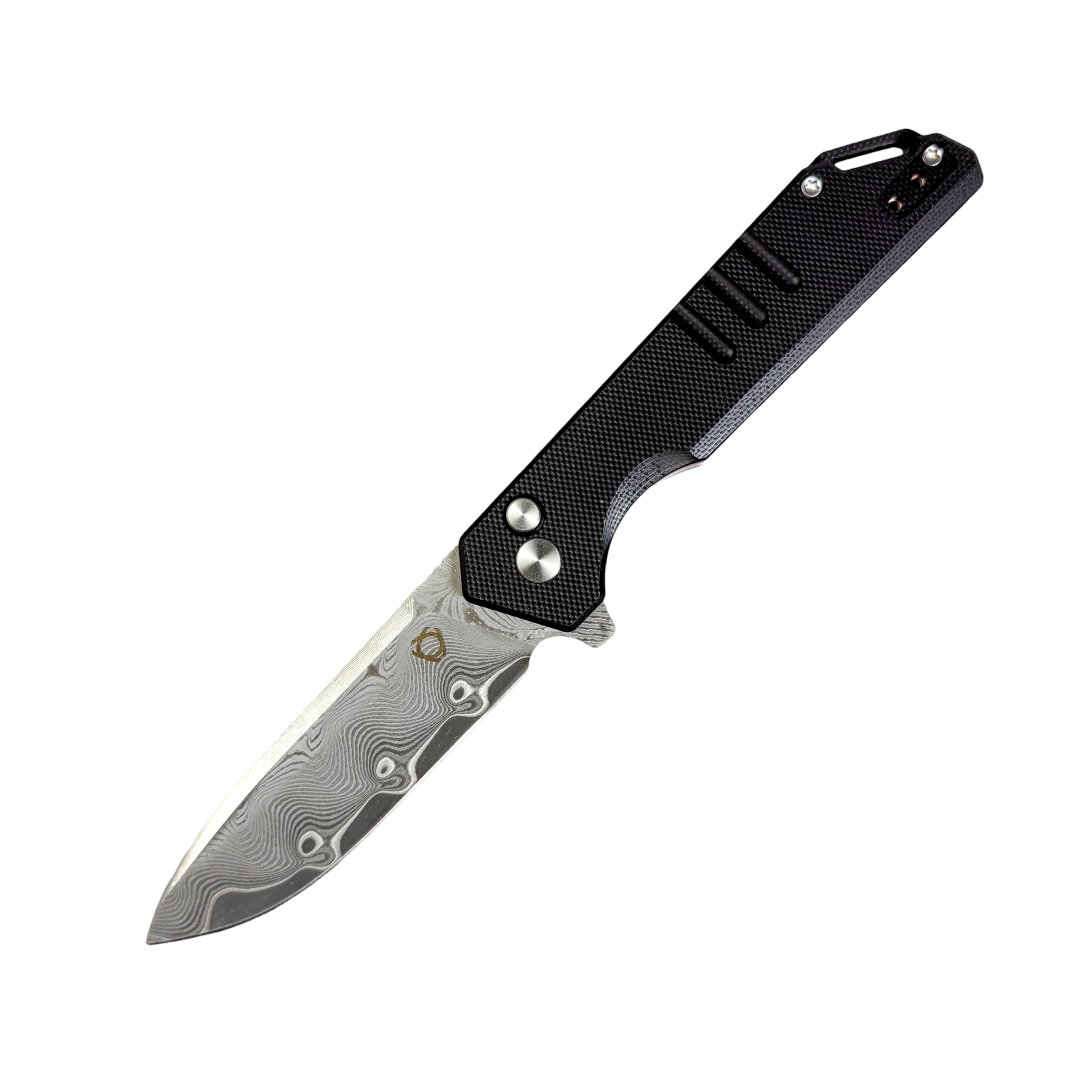 Image of SIXLEAF SL-52 FOLDING KNIFE 3.15" Damascus ACID ETCHED BLADE BLACK G10 HANDLE EDC