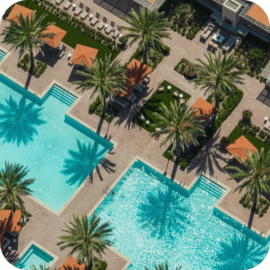 Birdseye view of a hotel outside