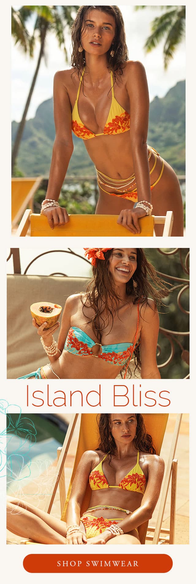 Collage of model wearing orange and blue tropical bikinis with floral details. Shop swimwear. 