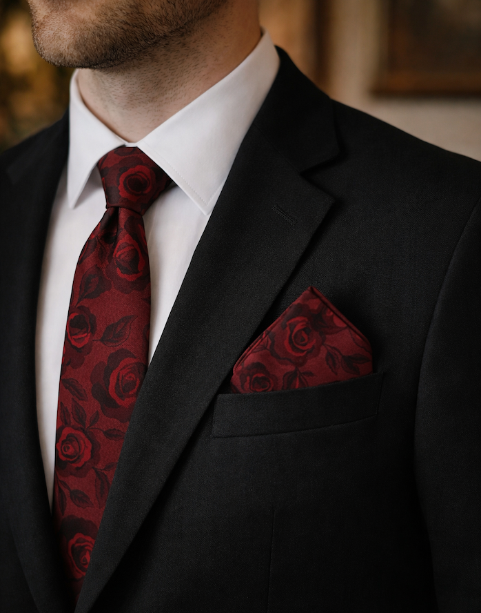 Man wearing suit with Ascentix Rose Print Tone on Tone Necktie and Pocket Square