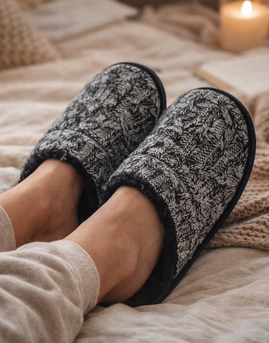 Man wearing gray slippers