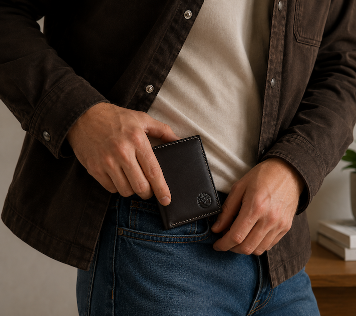 Man putting Timberland Men's Cloudy Leather Trifold Wallet in his pocket