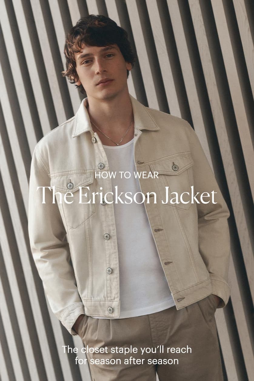 How to Wear The Erickson Jacket - Featuring animated images of a man wearing a light cream denim jacket with white tank and khaki pants.