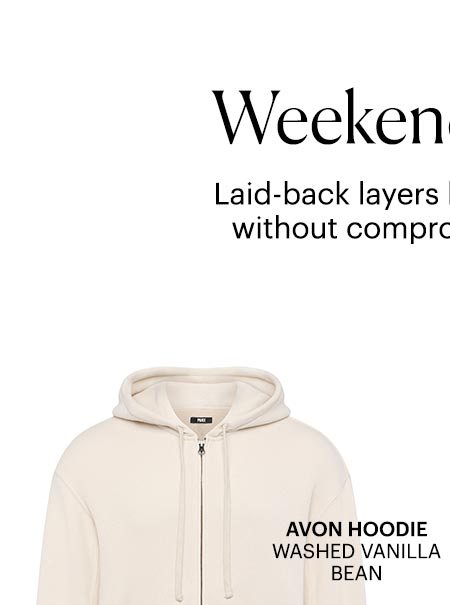 Weekend Mode: Laid-back layers built for comfort without compromising style - Featuring an image of a light cream colored hoodie