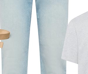 A partial slice of light wash denim jeans