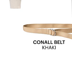 An image of a khaki colored belt with d-ring buckle detail