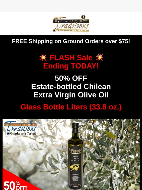 Ends TODAY: 50% OFF Liters Extra Virgin Olive Oil! Ends TOMORROW: FREE Shipping $75 min! 50% OFF Hair Oils with Coconut Oil!