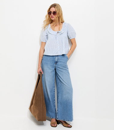 Light Blue Striped Frill Neckline Blouse