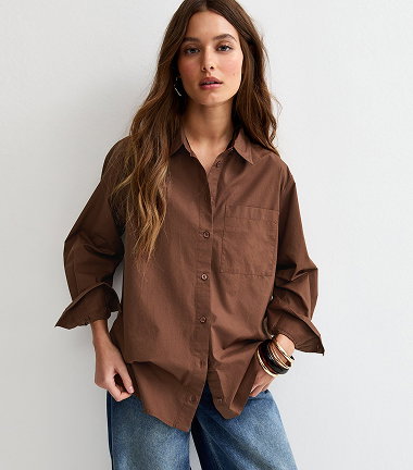 Dark Brown Poplin Curved Hem Shirt