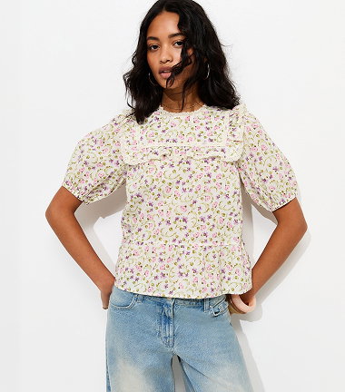 Cream Floral Lace Yoke Puff Sleeve Blouse