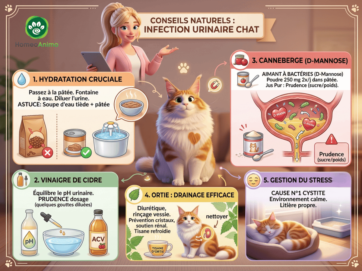 Infographie pédagogique présentant 5 conseils naturels pour l'infection urinaire du chat : hydratation, vinaigre de cidre, canneberge, ortie et gestion du stress.