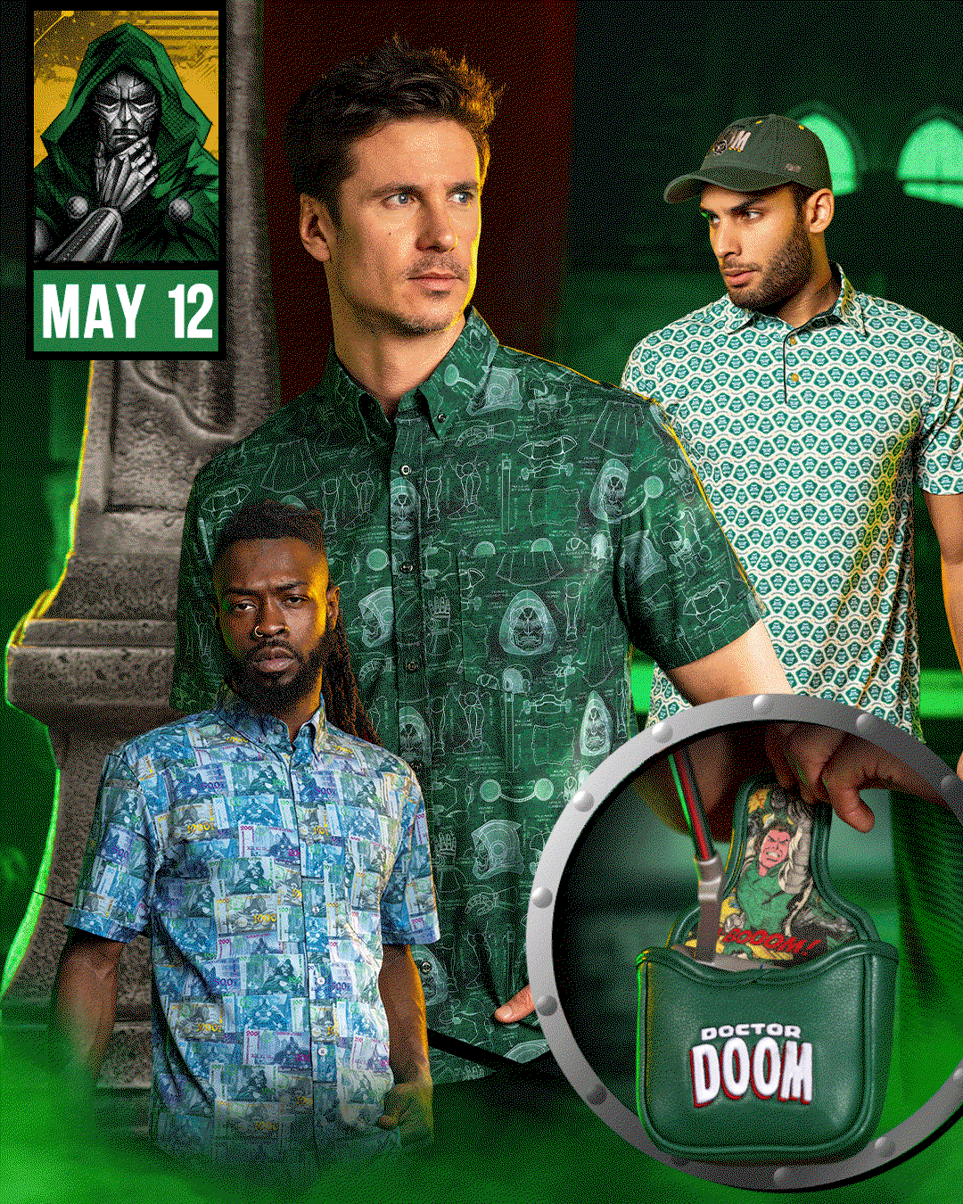 Rotation of men wearing shirts from Doctor Doom Collection
