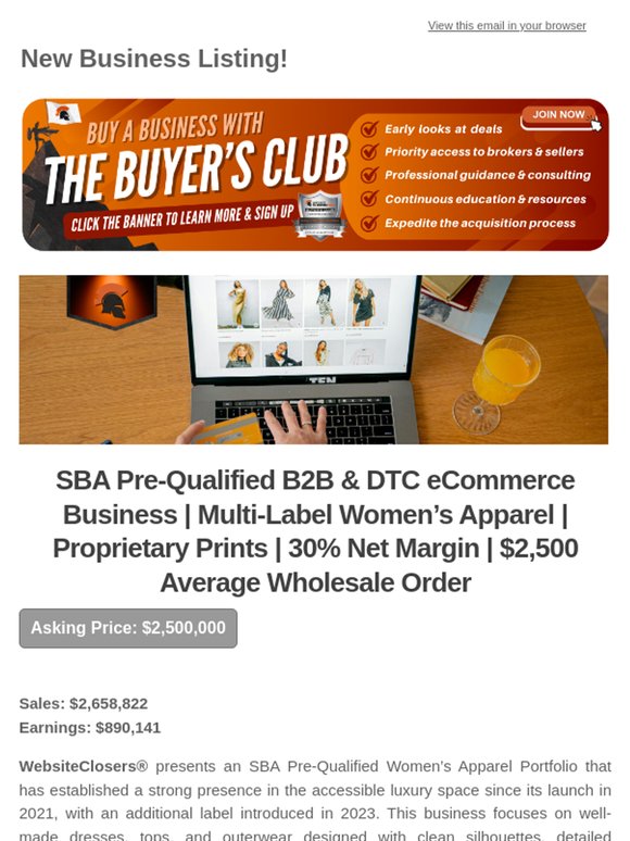 New Deal Alert: SBA Pre-Qualified B2B & DTC eCommerce Business | Multi-Label Women's Apparel | Proprietary Prints | 30% Net Margin | $2,500 Avg. Order
