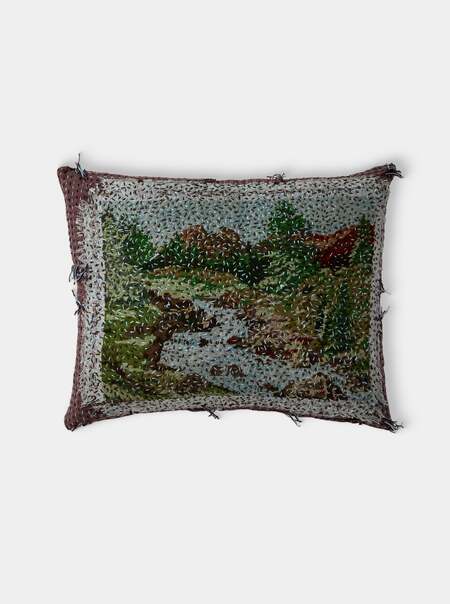 1910s Needlepoint Wool and Damask Cushion (17.5in/45cm)