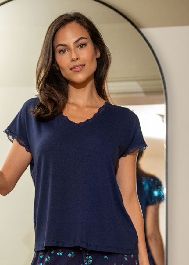 Sofa Loves Lace T-Shirt and Trouser Pyjama Set - Navy/Blue Floral