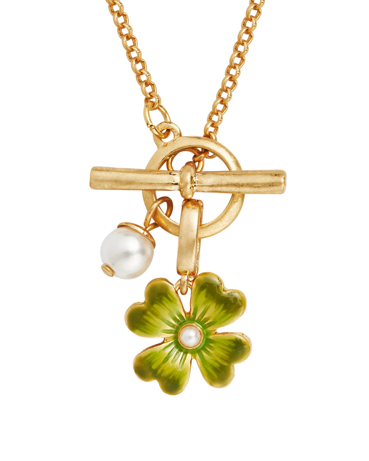 Image of Gold Lucky Clover & Pearl Toggle Necklace