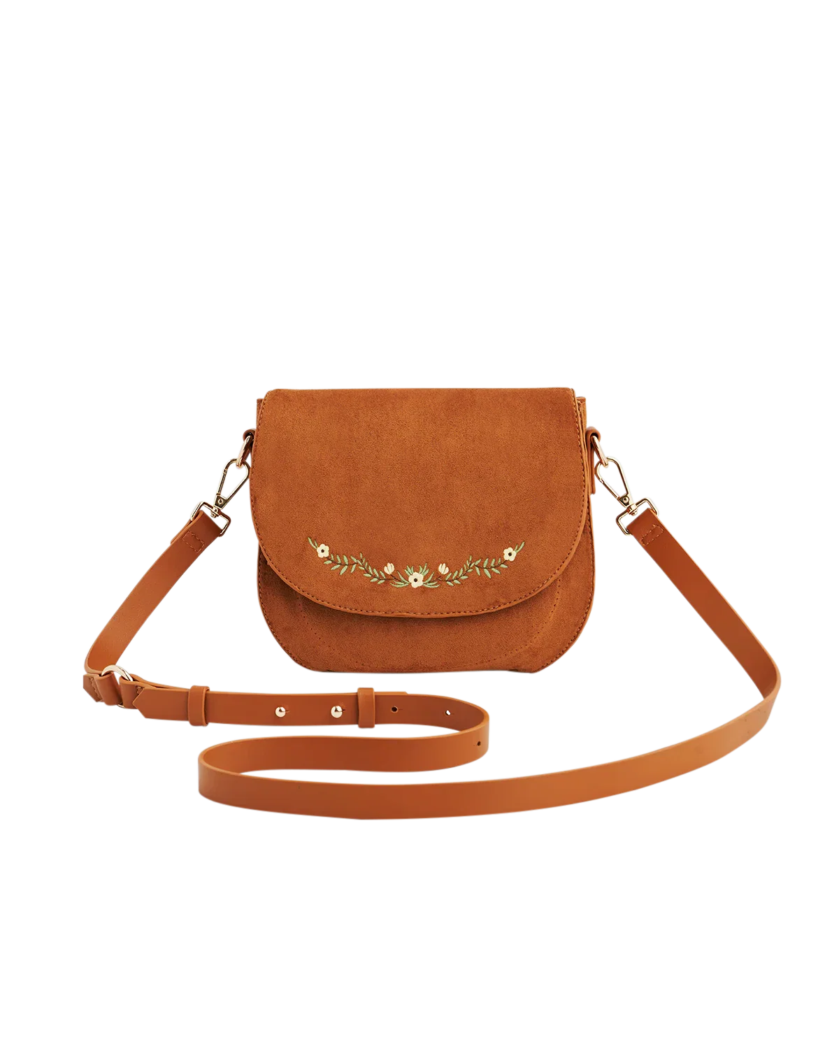 Image of Tan Floral Faux Suede Embroidered Saddle Bag