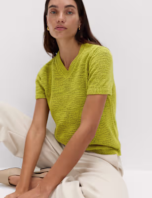 Cotton Rich V-Neck Slim Fit Knitted Top