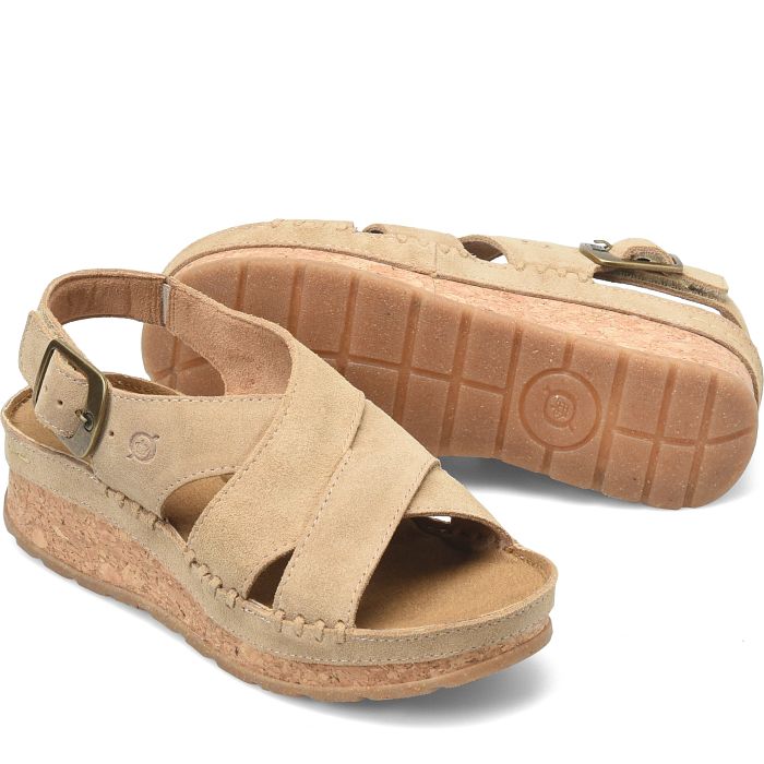 Kavala low wedge cork sandal in tan suede.
