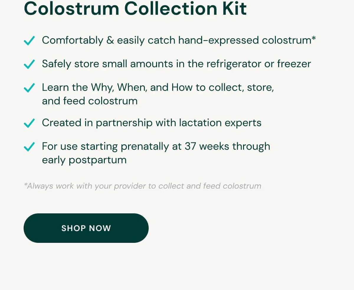 Features and benefits list for the Willow Colostrum Collection Kit with a “Shop Now” button.