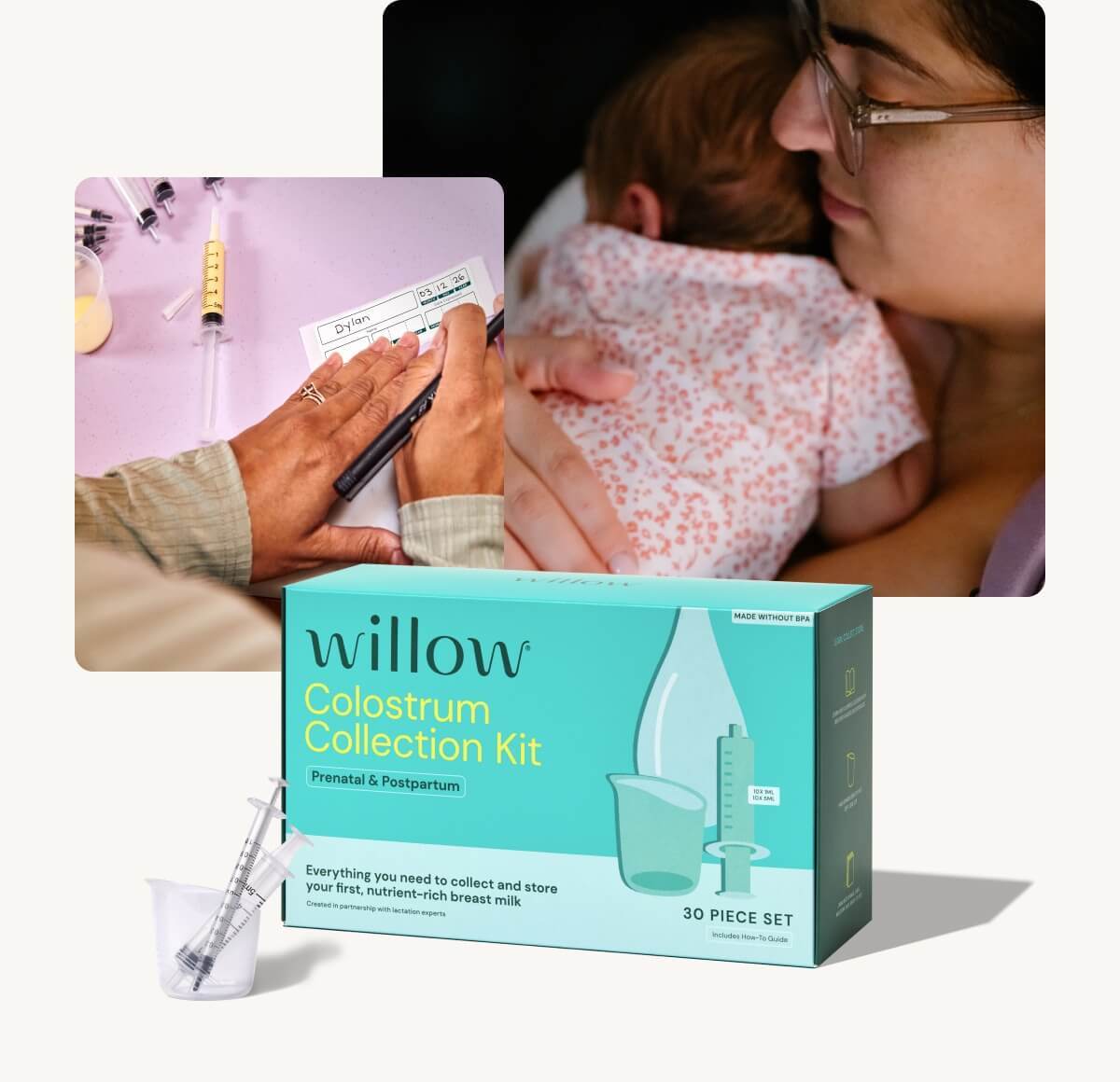 Parent holding a baby beside the Willow Colostrum Collection Kit packaging.
