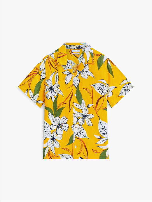 Regular Tropical Print Linen Short Sleeve Shirt
