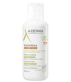 A-DERMA Exomega Control emollient balm 400ml bottle — soothing moisturiser for dry, eczema-prone skin