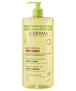 A‑DERMA Exomega Control emollient shower oil pump bottle, 1 L — gentle cleansing and moisturising for very dry, eczema‑prone skin