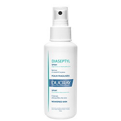 Ducray Diaseptyl white spray bottle with pump, labelled skin spray for fragile/weak skin