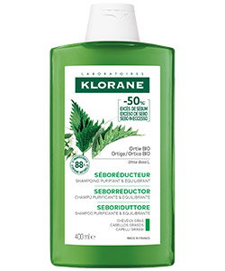 Klorane Nettle Seboregulating Shampoo bottle 400ml - green bottle with nettle leaves, clarifying anti-oil scalp treatment
