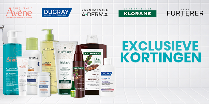 Selection of Avène, Ducray, A‑Derma, Klorane and René Furterer skincare and haircare products on a tiled background with 'Exclusieve Kortingen' promo text