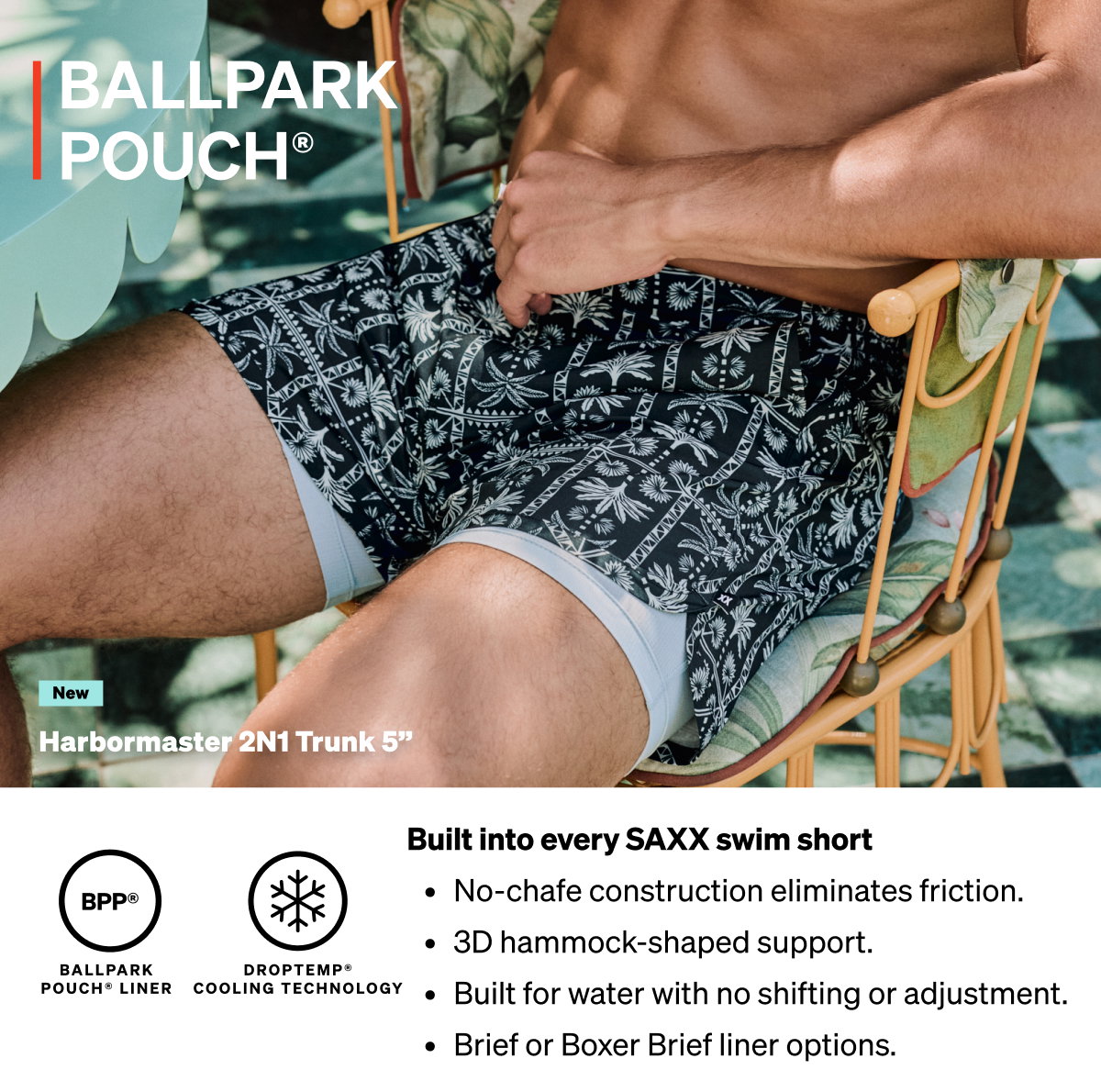 Harbormaster 2N1 swim trunks with built-in BallPark Pouch® liner and DropTemp® cooling technology for chafe-free comfort.