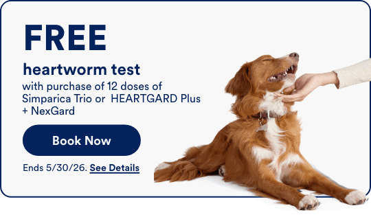 FREE heartworm test with purchase of 12 doses of 
Simparica Trio or  HEARTGARD Plus + NexGard Book Now! Ends 5/30/26. See Details