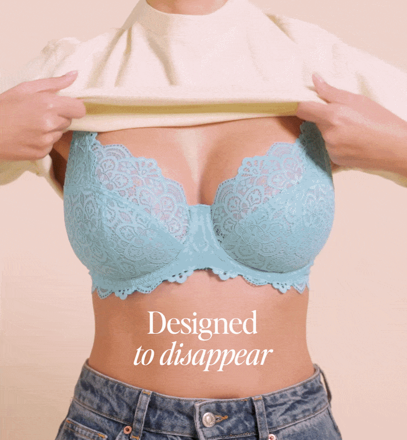 Designed to disappear. Gif shows model pulling t-shirts over various bras to show they sit smoothly.
