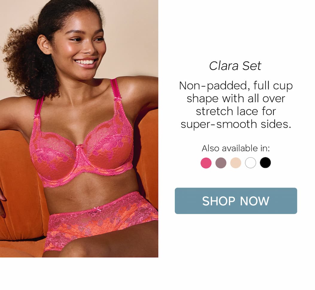 Clara Set. Non-padded, full cup shape with all over stretch lace for super-smooth sides. Model wears new Pink/Orange colourway.