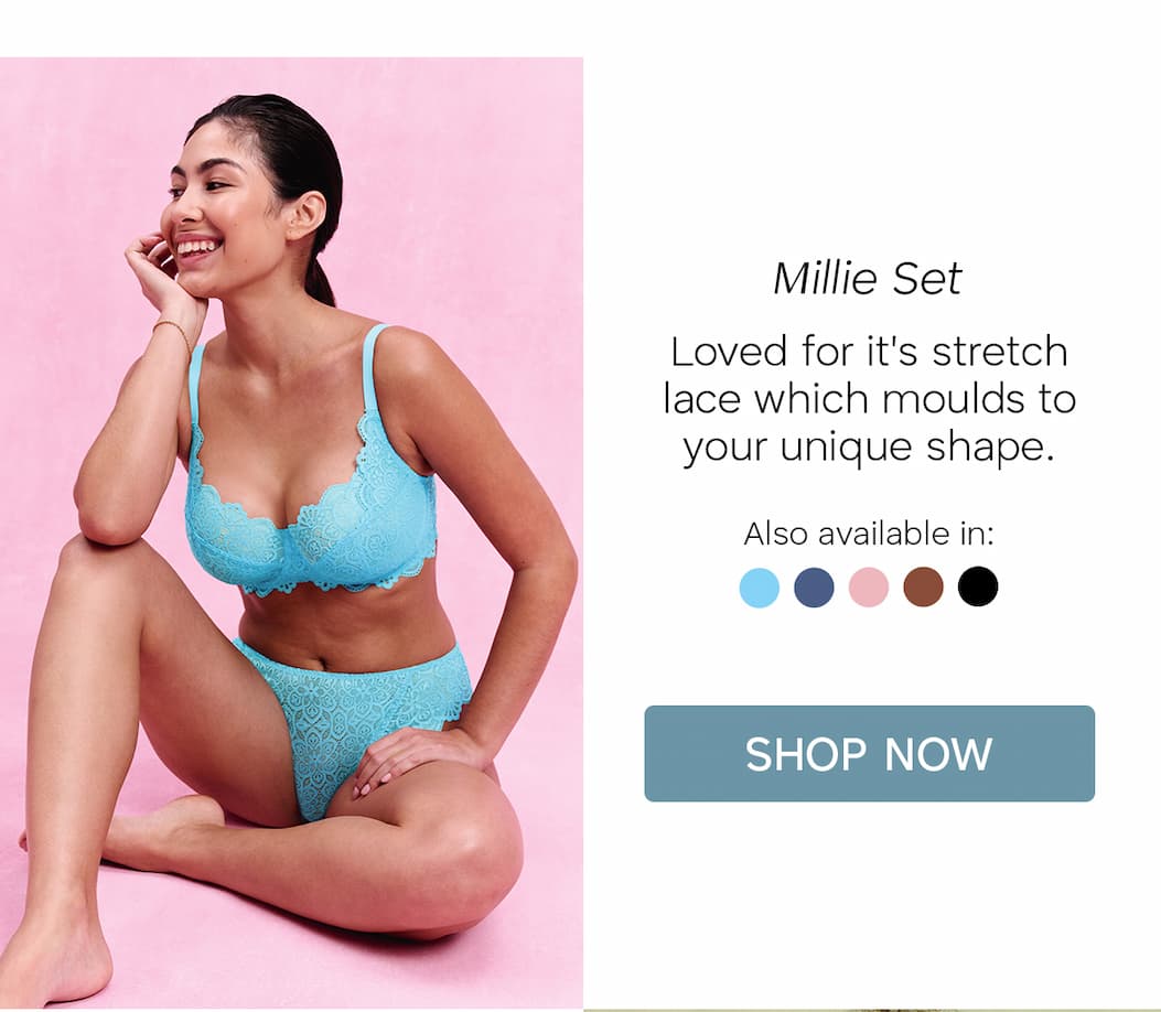 Millie Set. Loved for it's stretch lace which moulds to your unique shape. Model wears new Bright Blue colourway.