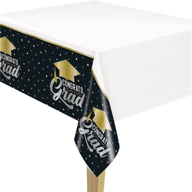 Image of Stars & Caps Graduation Plastic Table Cover - 1.37m x 2.13m