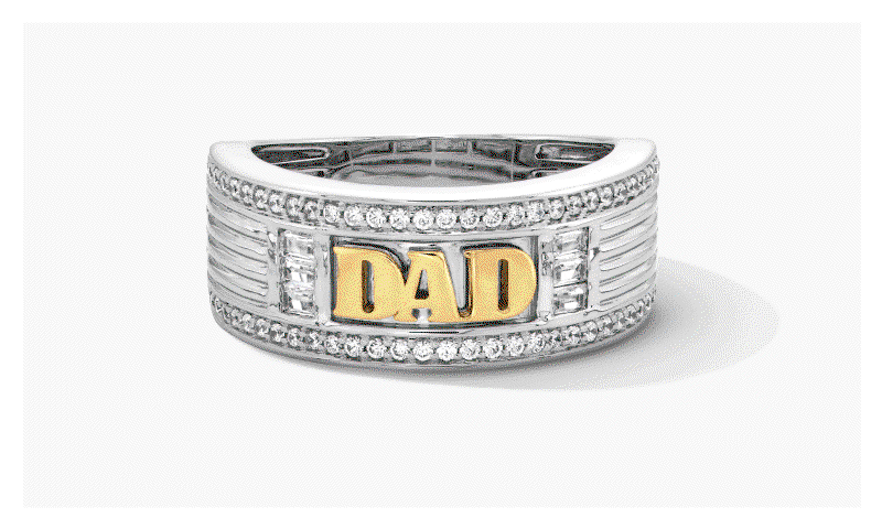 Rotating GIF featuring men’s jewelry, including a diamond dad ring, a yellow gold bracelets and diamond stud earrings.