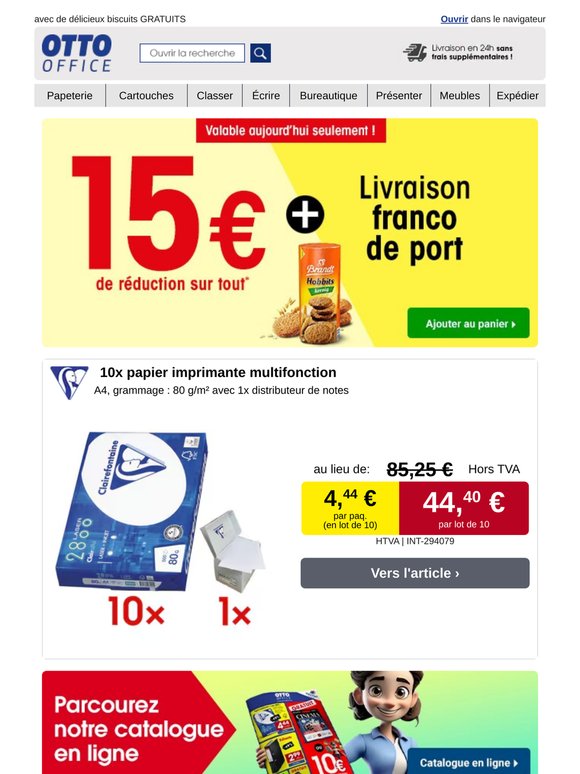 15 € de réduction - économisez sur l'achat de fournitures de bureau