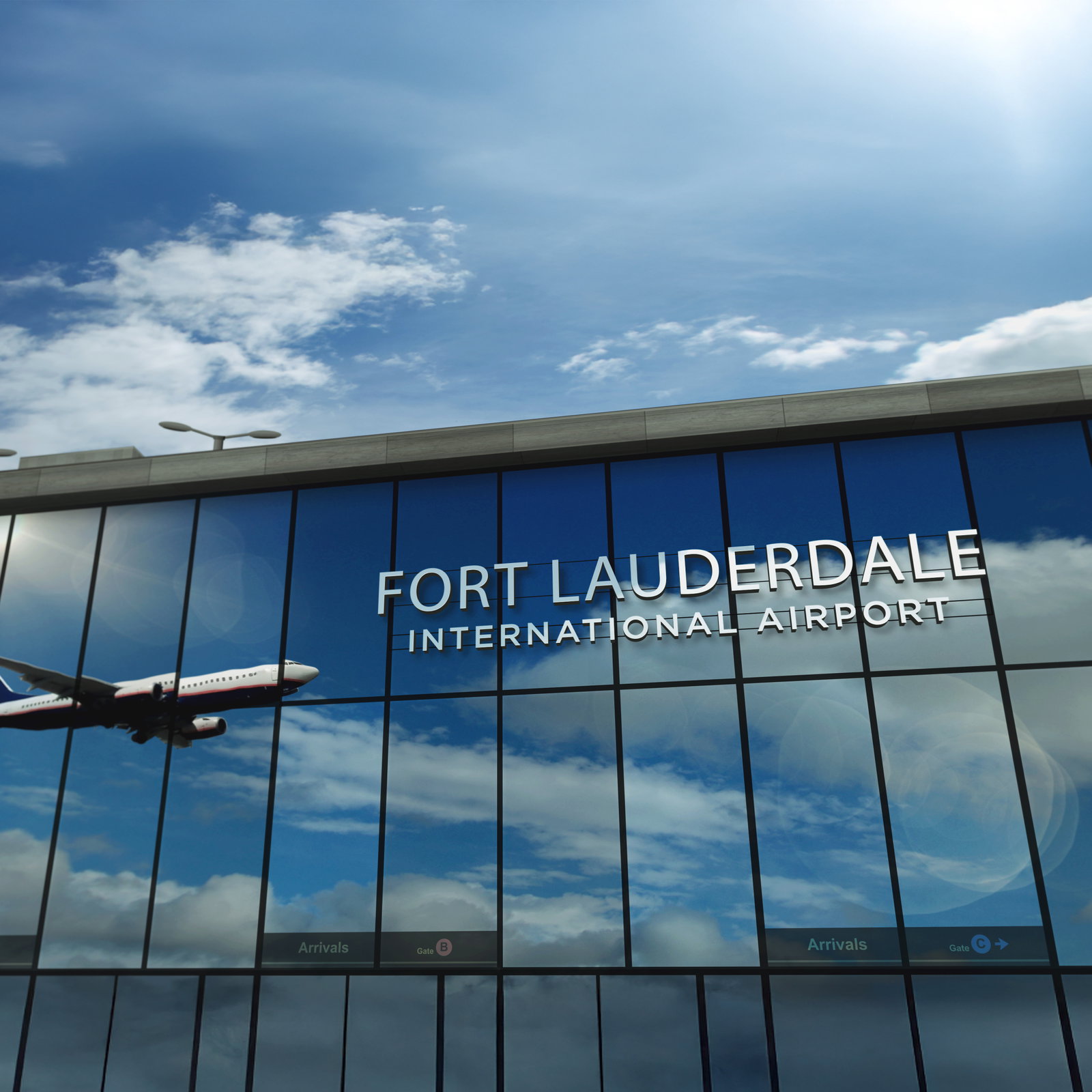 A plane is reflected in the glass of the Fort Lauderdale International Airport.