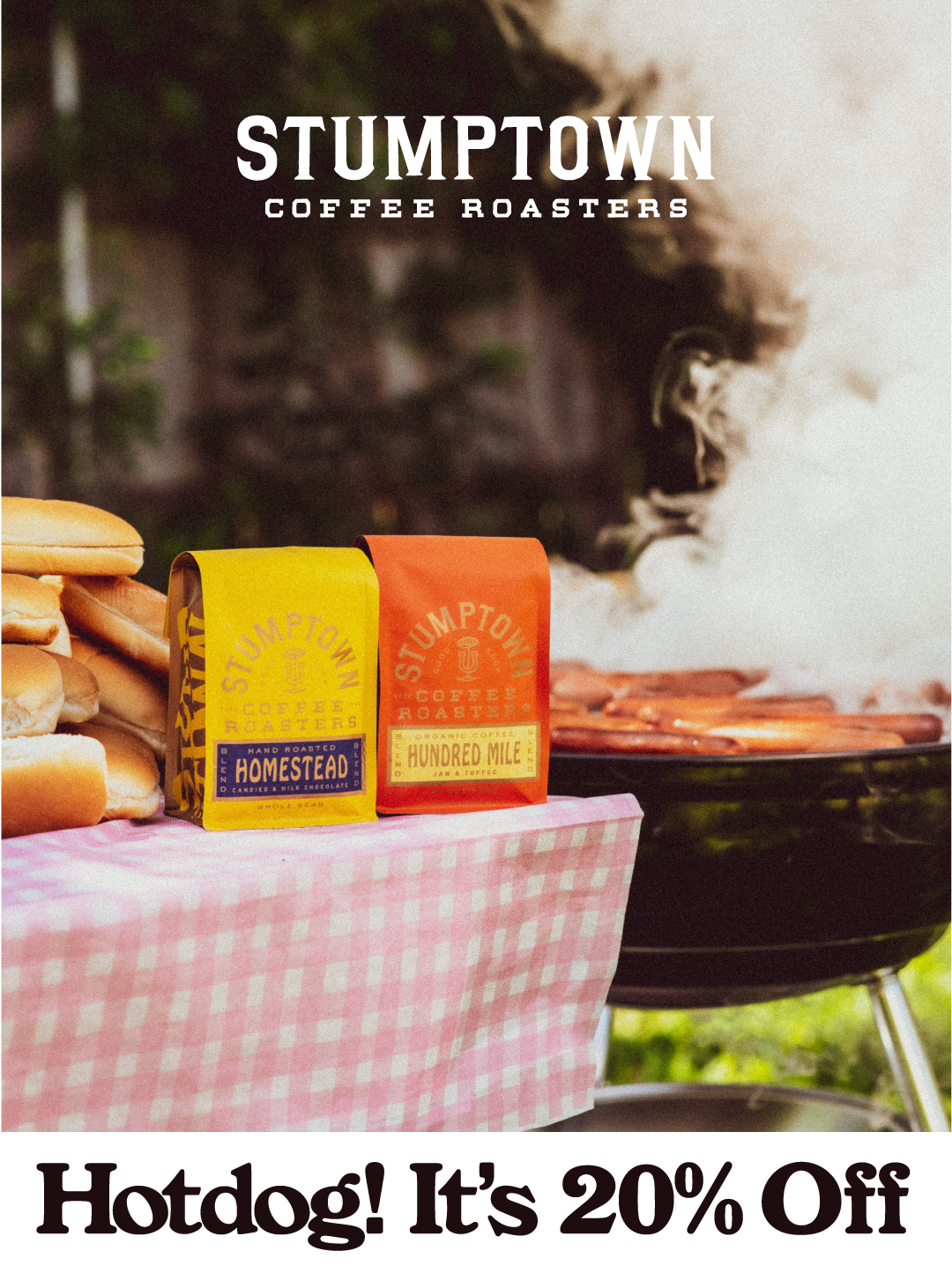 Two bright Stumptown Coffee bags—Homestead and Hundred Mile—sit on a pink gingham-covered picnic table beside hot dog buns and a steaming grill, with the Stumptown Coffee Roasters logo above. Headline reads: “Hotdog! It’s 20% Off.”