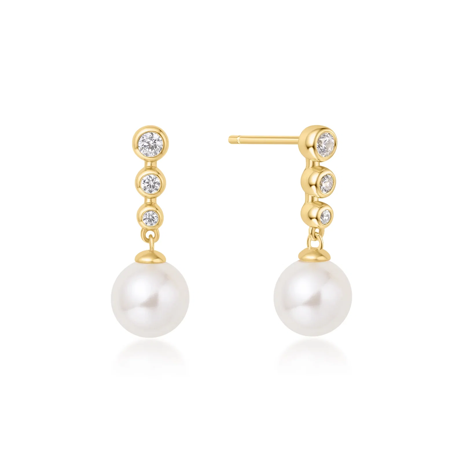 Image of Gold Tennis Beaded Stone Shell Pearl Drop Stud Earrings