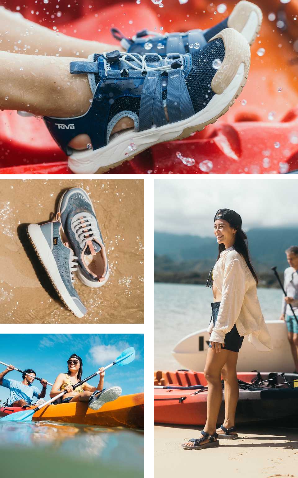 Collage d’images : Hydratrek CT, Hydratrek Fairwind, un couple faisant du kayak, une personne à côté de kayaks sur la plage.