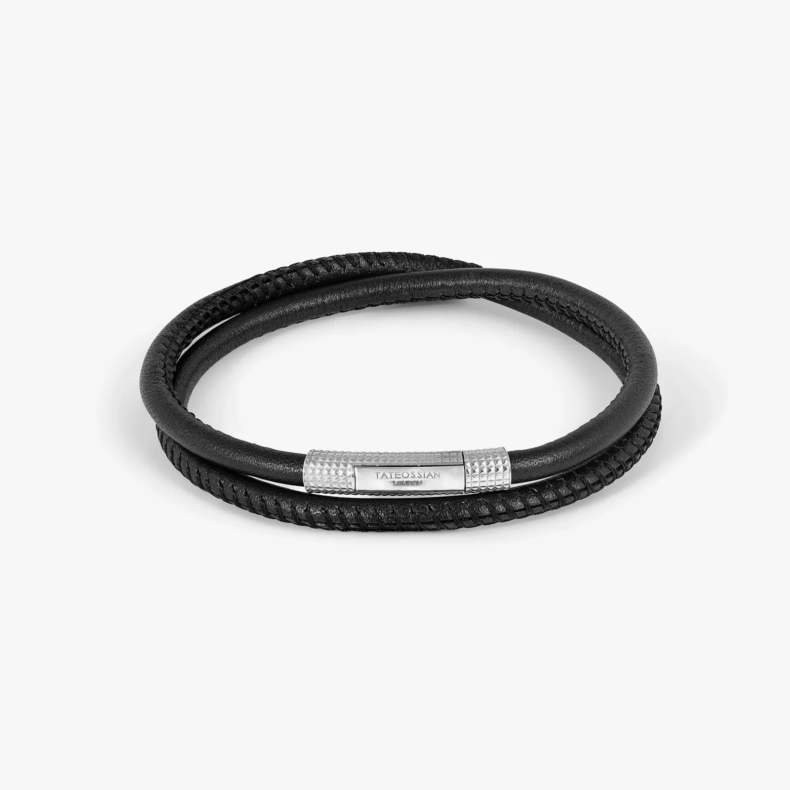 Image of Giza Click Stitch Pelle Bracelet in Rhodium and Black Leather