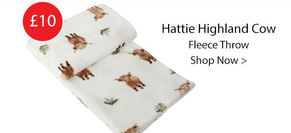 Hattie Highland Cow Natural Printed Fleece Throw (130cm x 150cm)