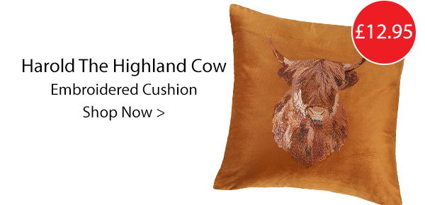 Harold The Highland Cow Ochre Embroidered Velvet Cushion