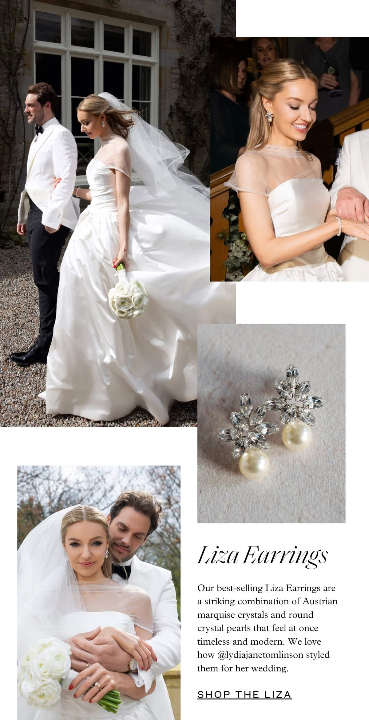 Liza Earrings - Our best-selling Liza Earrings are a striking combination of Austrian marquise crystals and round crystal pearls that feel at once timeless and modern. We love how @lydiajanetomlinson styled them for her wedding. - Shop The Liza