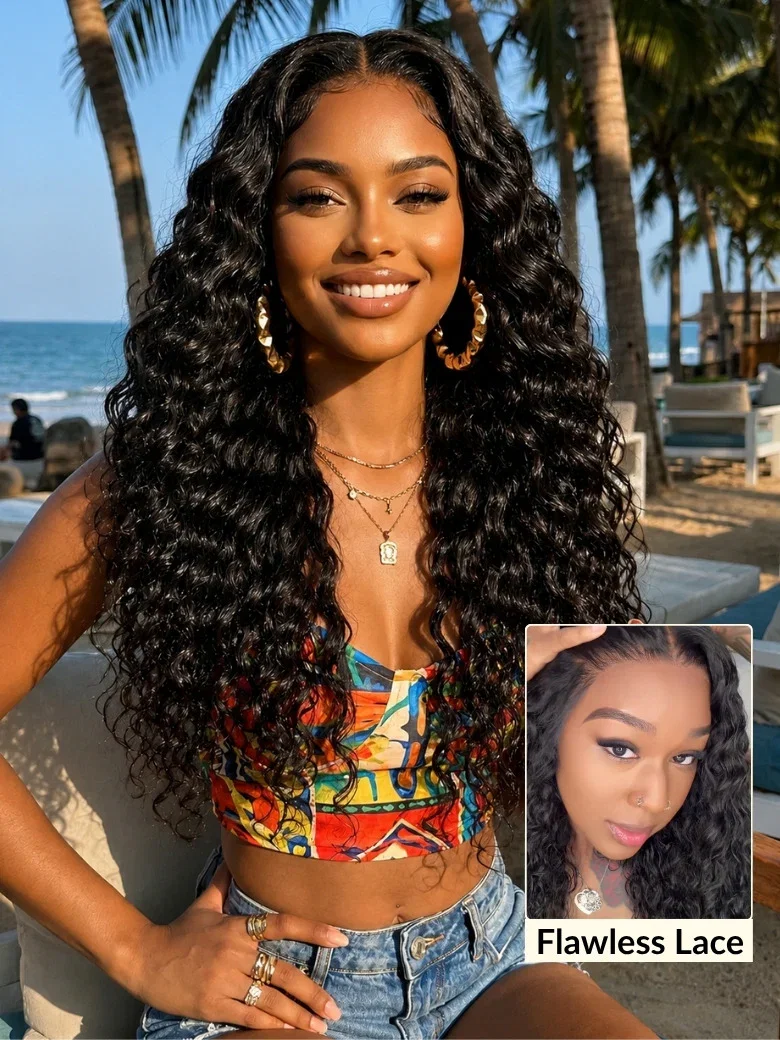 Sunber 180% Density 7x5/ 13x4 Pre-Everything Water Wave & Curly Mixed Pre Cut Lace Frontal Human Hair Wigs With Invisi Drawstring