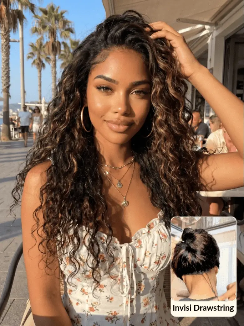 Sunber Golden Brown Highlights 7x5 Bye Bye Knots Water Wave Lace Closure Wig With Pre Bleached Tiny Knots