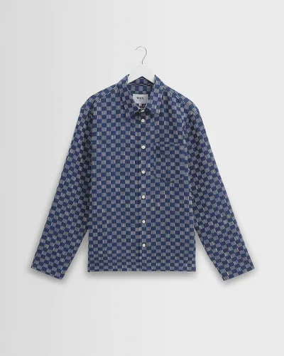 Breton - Indigo And Ecru Geometric Grid Stitch Overshirt